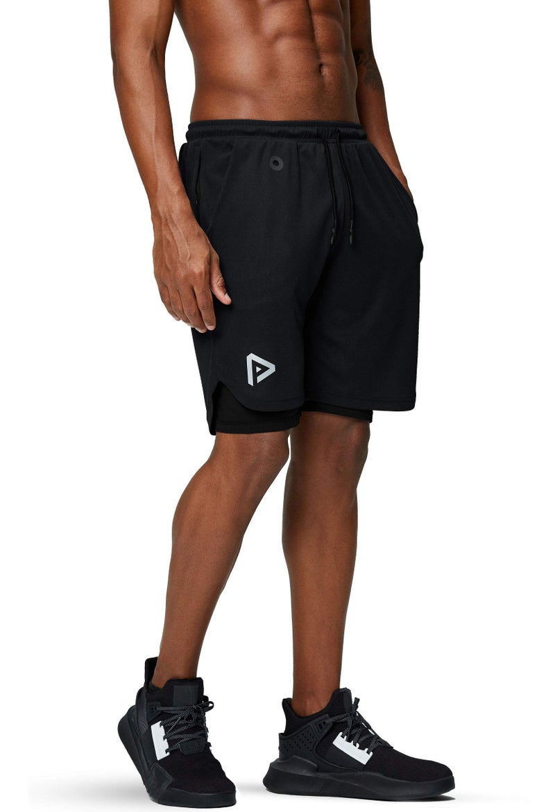 Pinkbomb Men's 2 in 1 Running Shorts Gym Workout Quick Dry Mens Shorts with Phone Pocket (Black, Large) - Image 4
